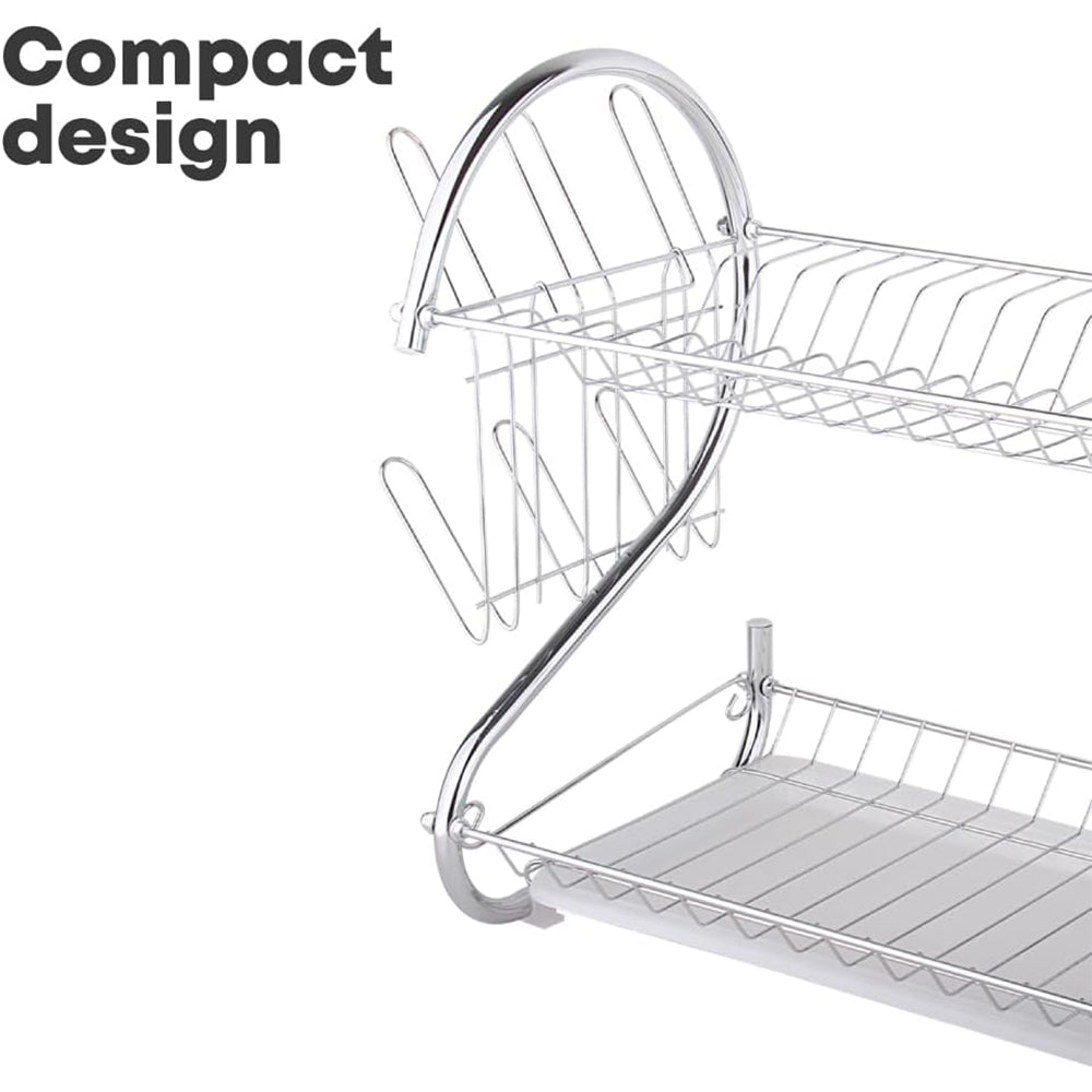 Binca Stainless Steel 2-Tier Metal Dish Drying Rack With Cutlery Holder & Drip Tray (L56 × W6 × H40)cm
