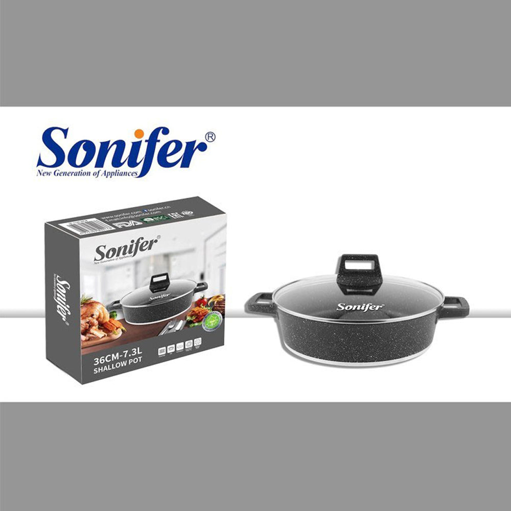 Sonifer, 28-36cm Wear-Resistant Non-Stick Granite Shallow Pot With Glass Lid SF-1128