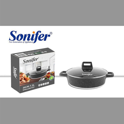 Sonifer, 28-36cm Wear-Resistant Non-Stick Granite Shallow Pot With Glass Lid SF-1128