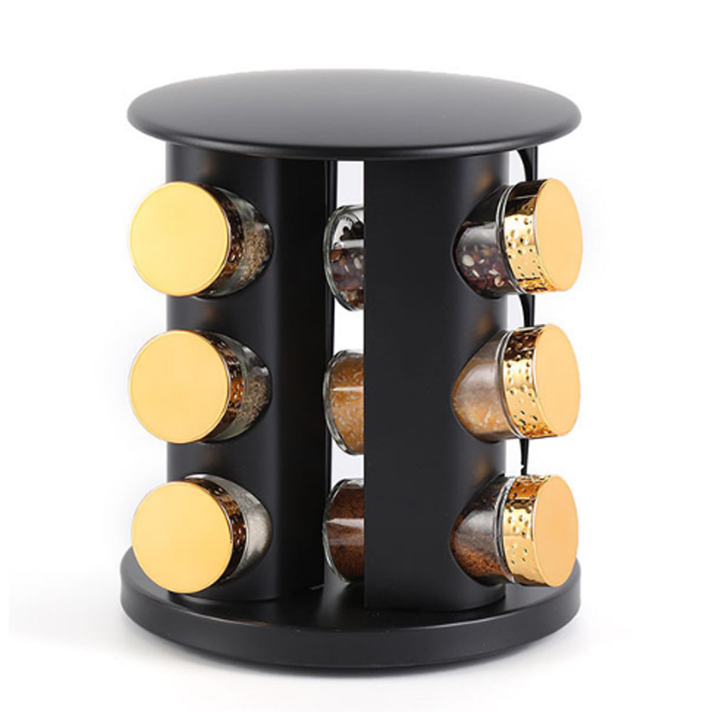 12-Jars Stainless Steel Black Rotating Spice Rack