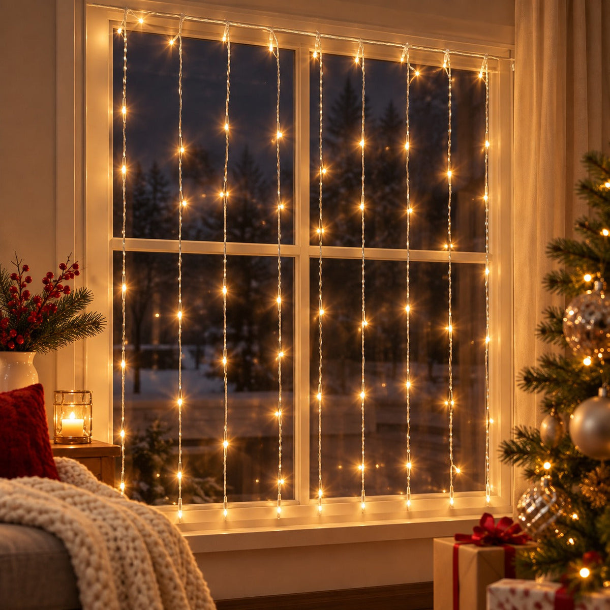 Noël 90 LED Warm White Curtain Lights – 2 m × 0.9 m