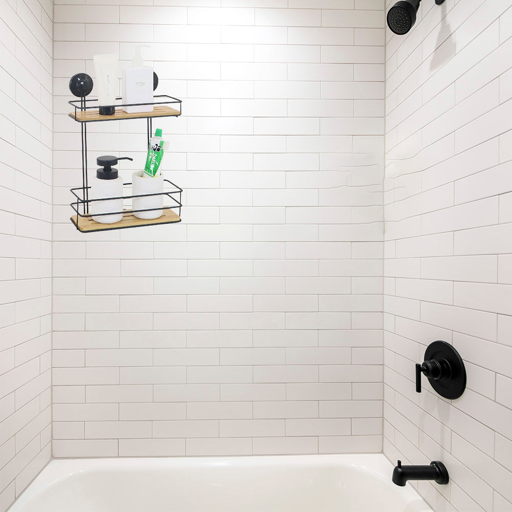 Bath &amp; Kitchen Shelf Suction Cups Metal With Bamboo 37x26x10.5cm