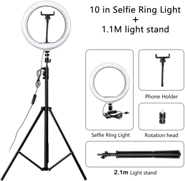 Video Live LED Selfie Ring Light With 2.1m Stand 26cm