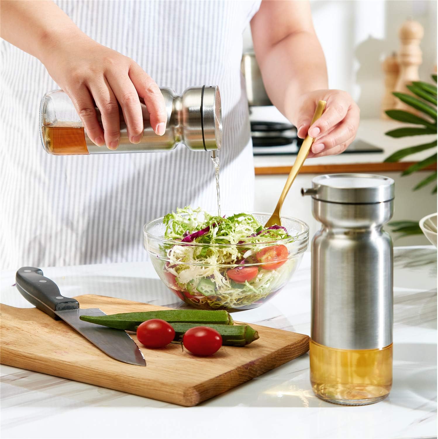 2-Pieces Stainless Steel Vinegar & Olive Oil Dispenser With Stand