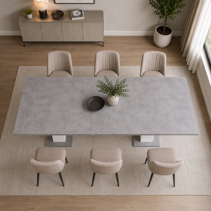 Hamburg Concrete-Look White Dining Table with Metal Base
