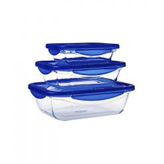 Pyrex Set Of Cook & Go Rectangular Glass Dish With Leak Free Plastic Lid 3 Pcs