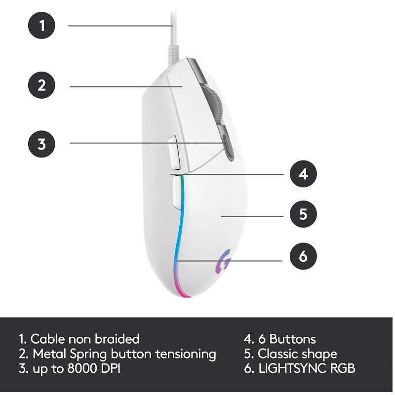 Logitech G203 Lightsync Corded Gmg Mouse Wh 910-005797
