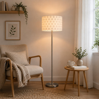 Micasa OTELLO Modern Floor Lamp 175 cm – Brushed Nickel Standing Lamp with White Fabric Polka Dot Shade