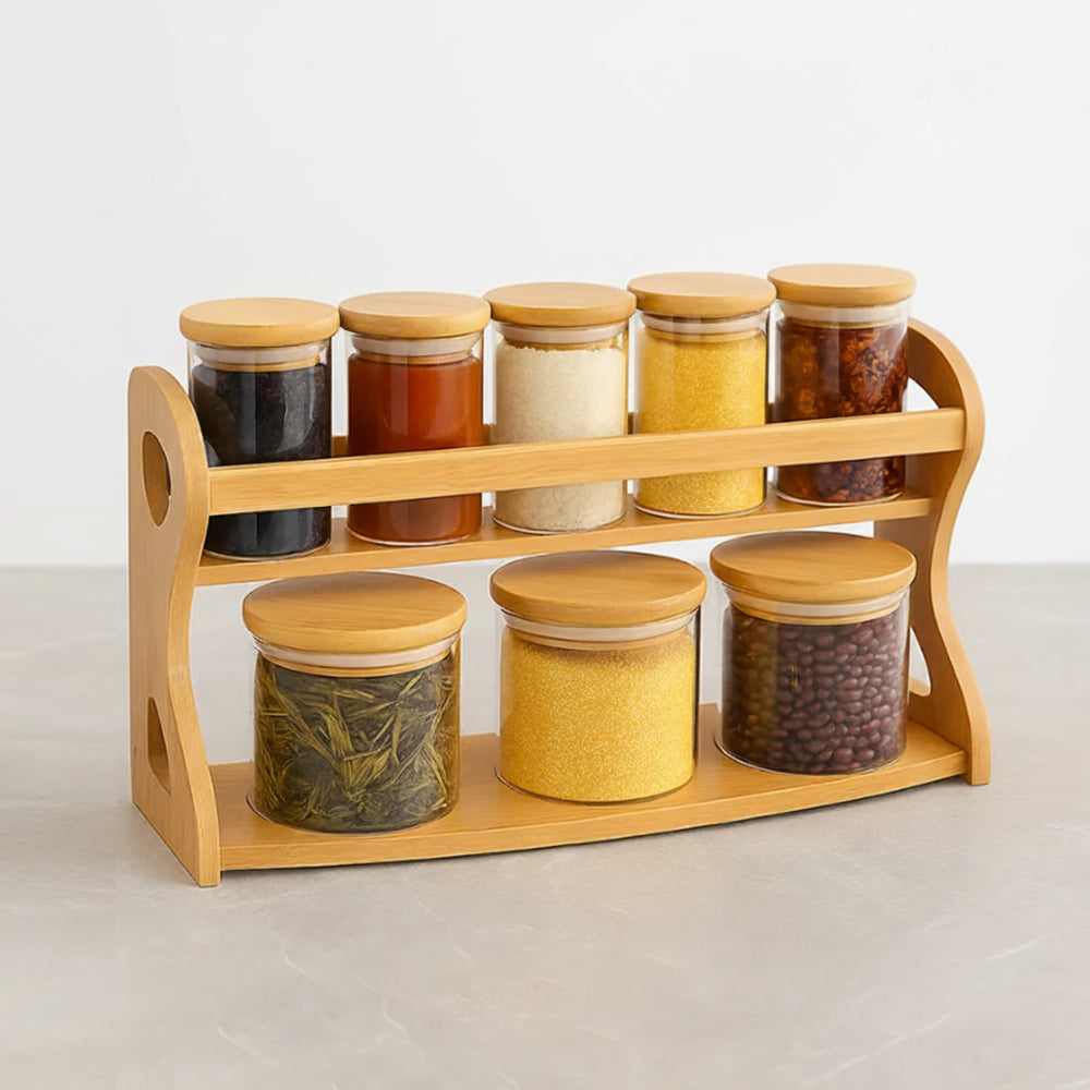 8-Glass Seasoning Jar with Bamboo Stand Holder Set, 3 Big & 5 Mini Seasoning Jar HF-06 (L35 x W13 x H22)cm