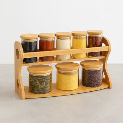 8-Glass Seasoning Jar with Bamboo Stand Holder Set, 3 Big & 5 Mini Seasoning Jar HF-06 (L35 x W13 x H22)cm