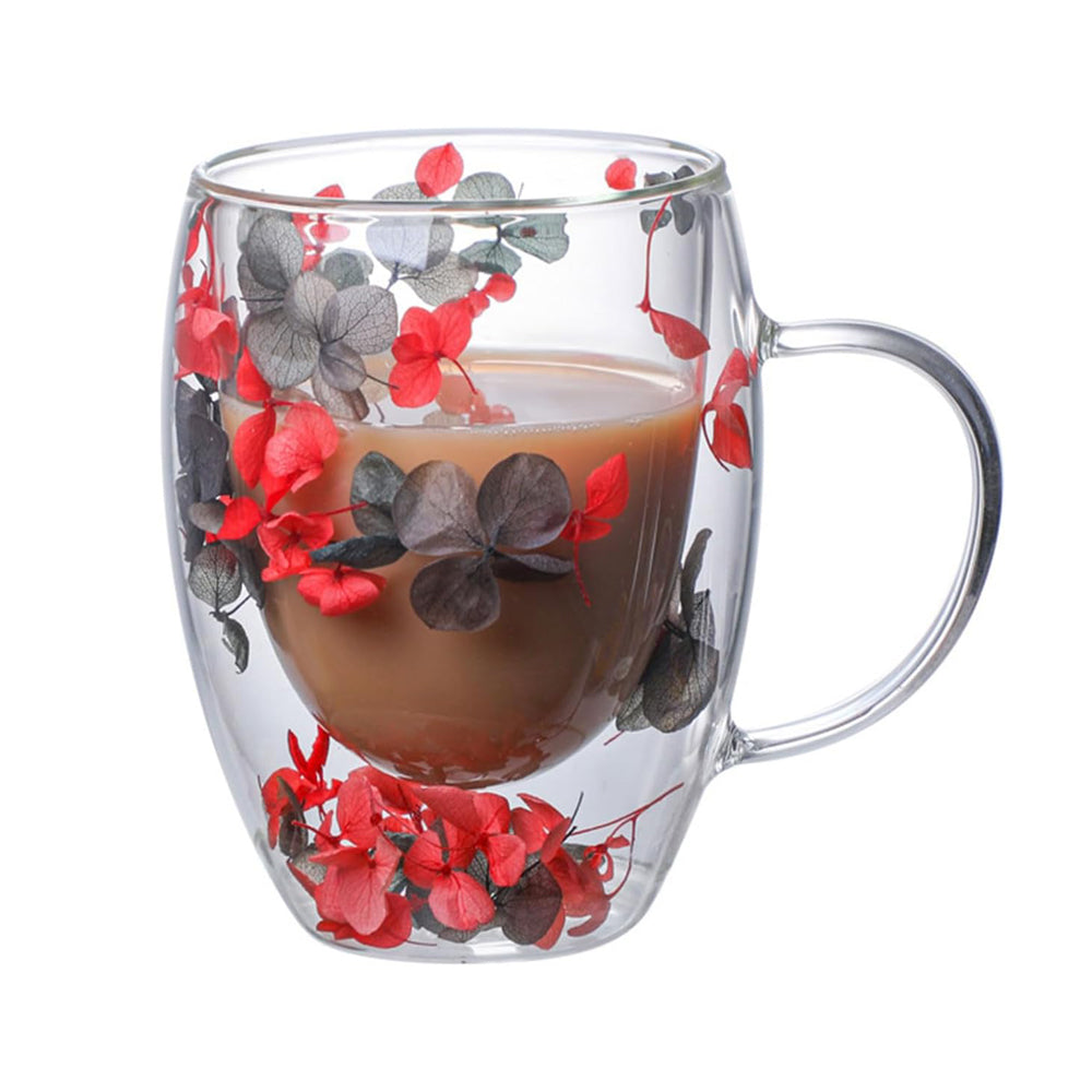 Dried Flowers Double Wall Clear Glass Coffee Mugs – 350ml