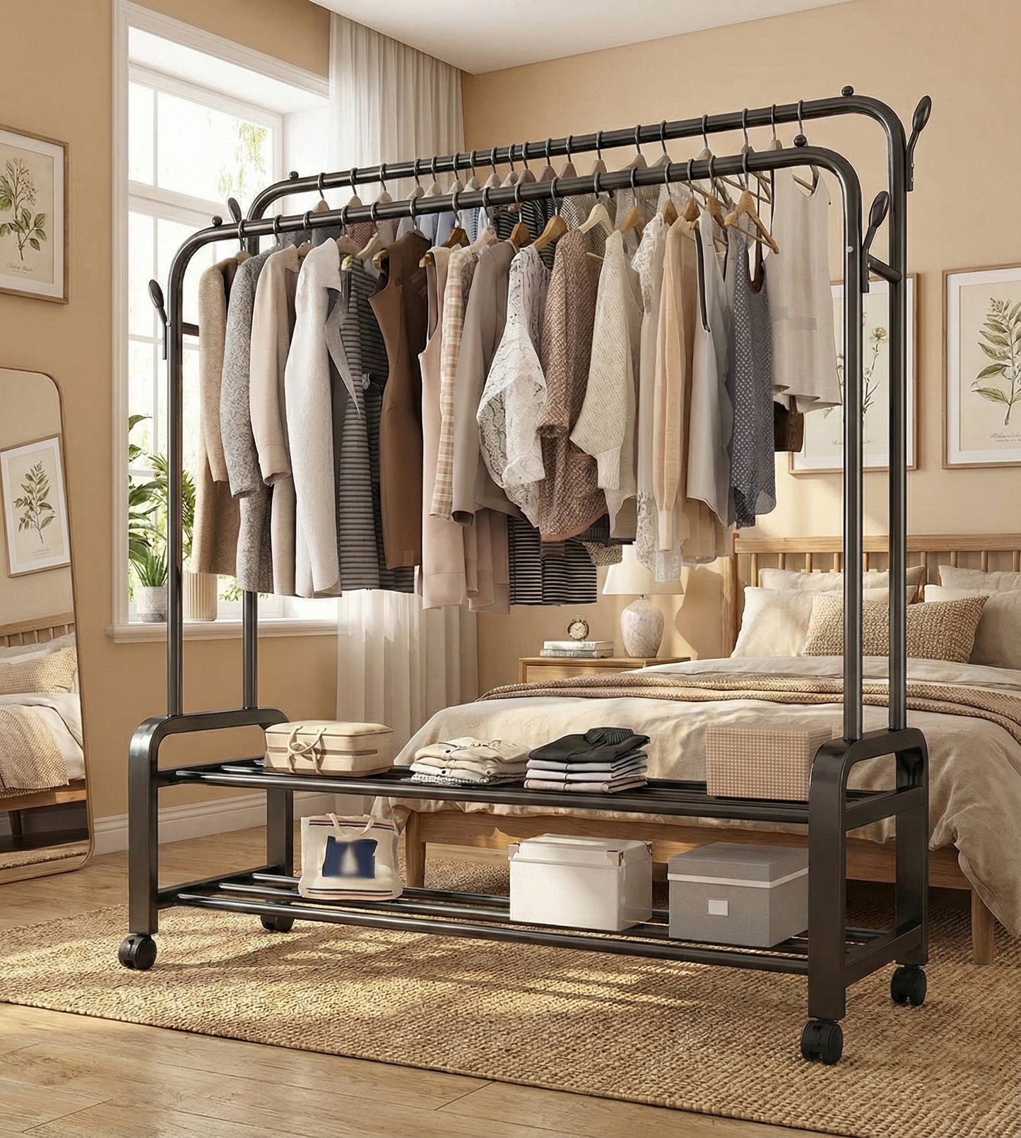2-in-1 Modern Wheeled Garment Rack with Ample Hanging Space, Shoe Storage Sturdy Hold 60KG (H110 x D57 x W150)cm