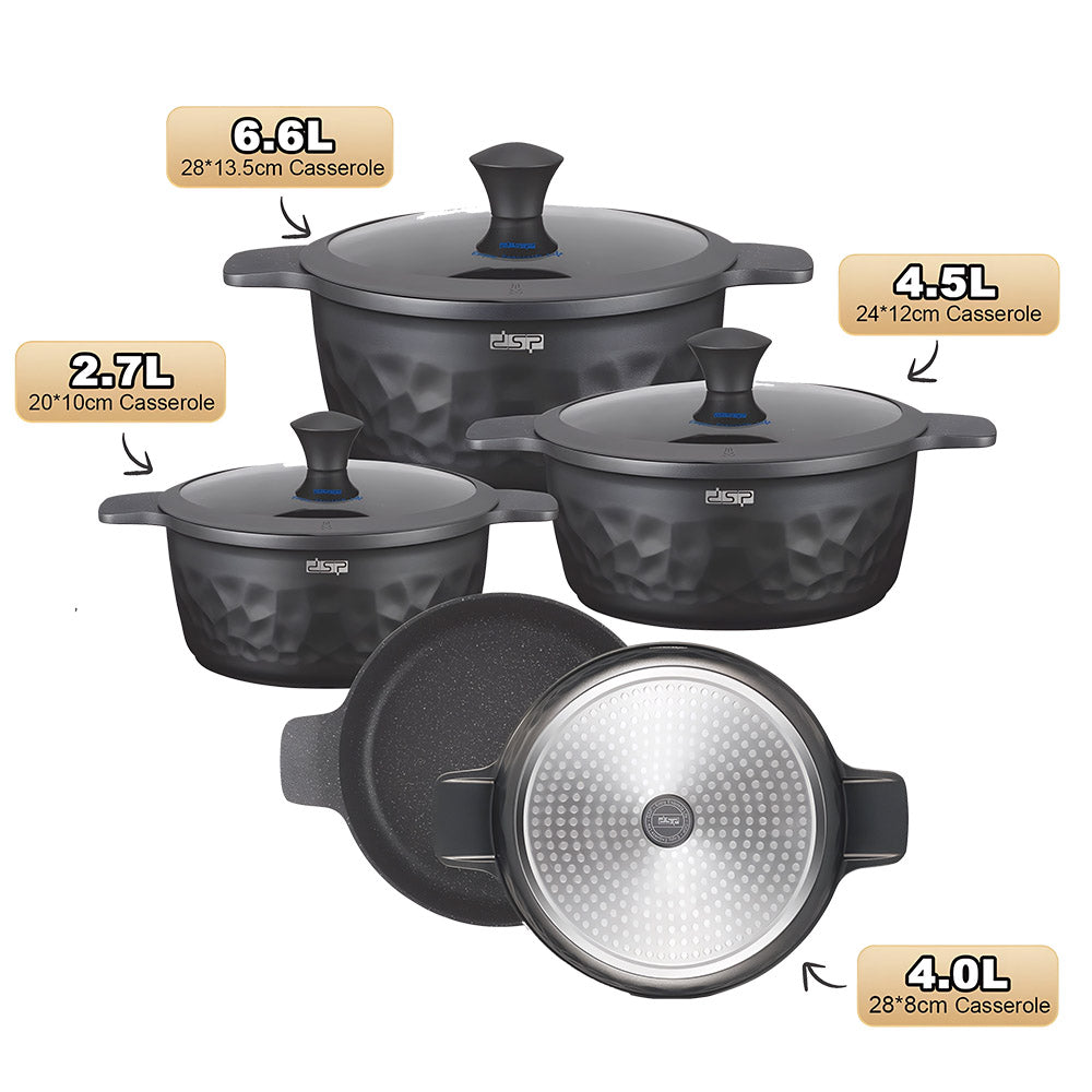 DSP CA022-S01-Black, Die-Casting Non-Stick Casserole Set – 7 Pieces