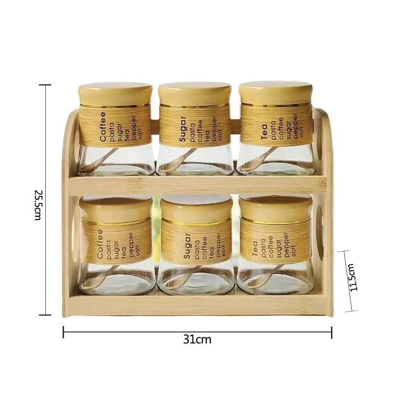 Bamboo Spice Rack Set with 6 Glass Jars Plastic Lid – 400ml #CB-TWJ45