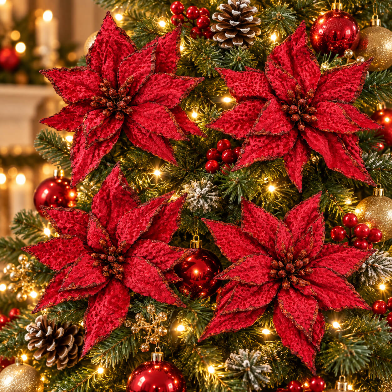 Mica Red Velvet Poinsettia Christmas Flower Clip – 1 Piece