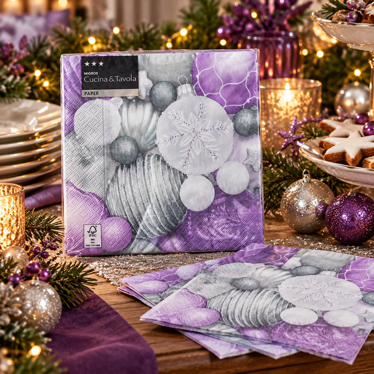 Cucina & Tavola Christmas Paper Napkins – Purple, Silver & White – 20 Pieces