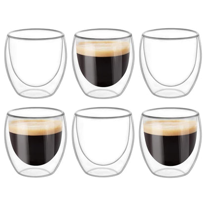 6-Pcs Double Wall Borosilicate Glass Espresso Cup Set Heat-resistant 80ml