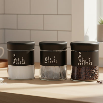 3-Pcs Stainless Steel With Glass Sugar Tea Coffee Canister Set Matte Black-400ml