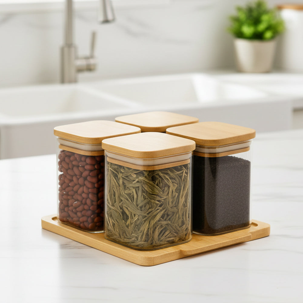 4-Pcs Glass Seasoning Jar with Bamboo Stand Holder Set HF-02 (L22 x W19.5 x H2.5)cm