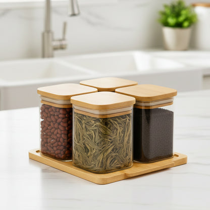 4-Pcs Glass Seasoning Jar with Bamboo Stand Holder Set HF-02 (L22 x W19.5 x H2.5)cm