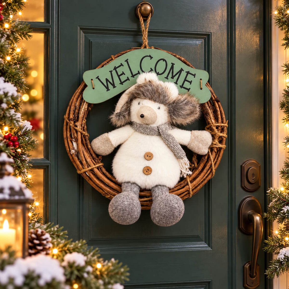 Christmas Winter Welcome Wreath with Plush Figure