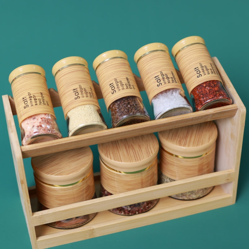 Bamboo Spice Rack Set with 8 Glass Jars Plastic Lid – 400/100ml #CB-TWJ34
