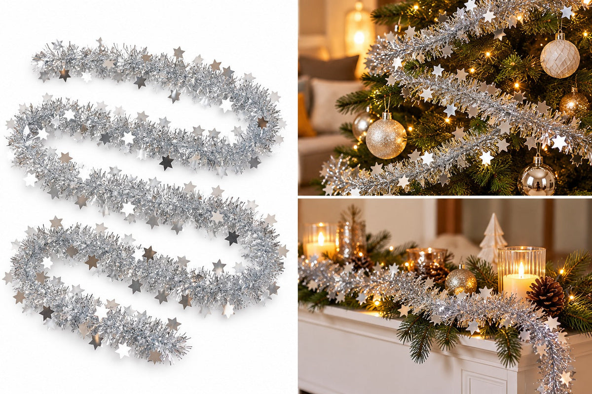 Noël Silver Star Tinsel Garland – 300 cm