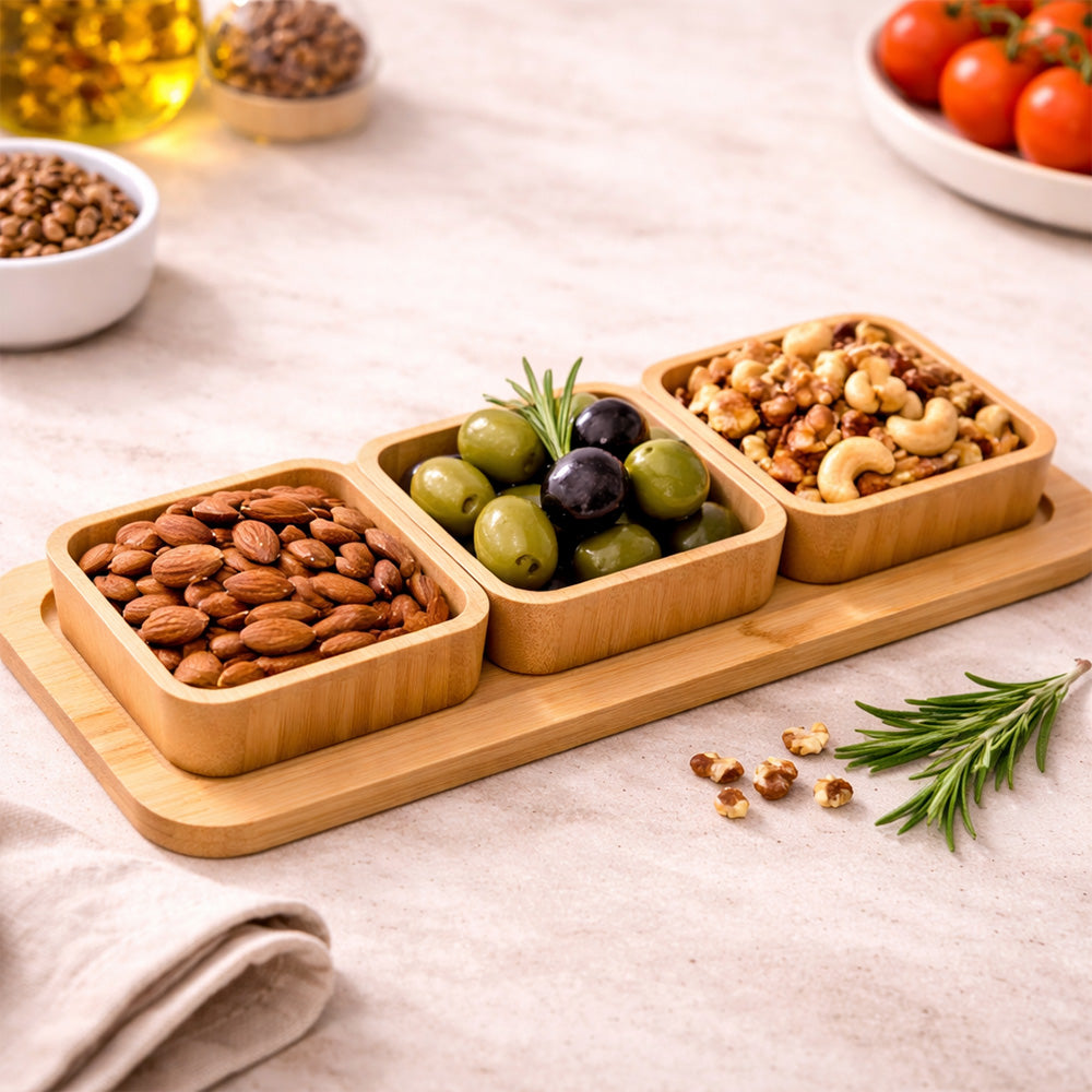 Bamboo 3 bowls and 1 serving tray Square