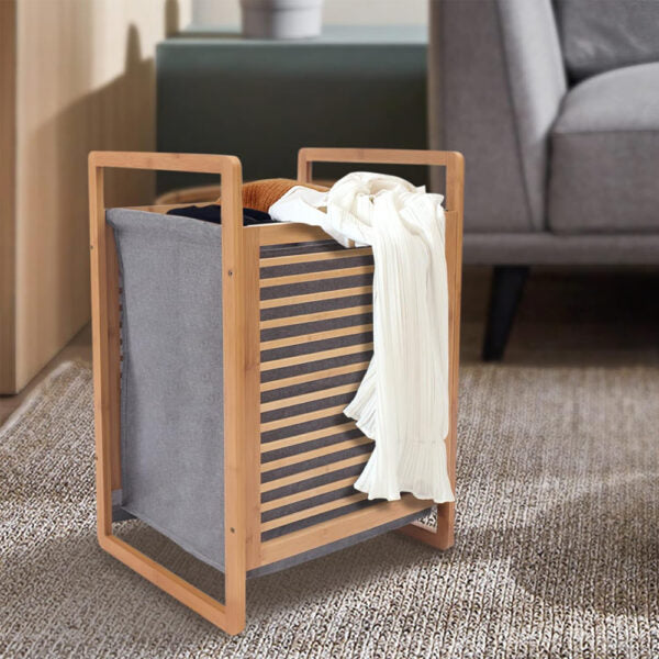 Bamboo Laundry Basket with Grey Bag