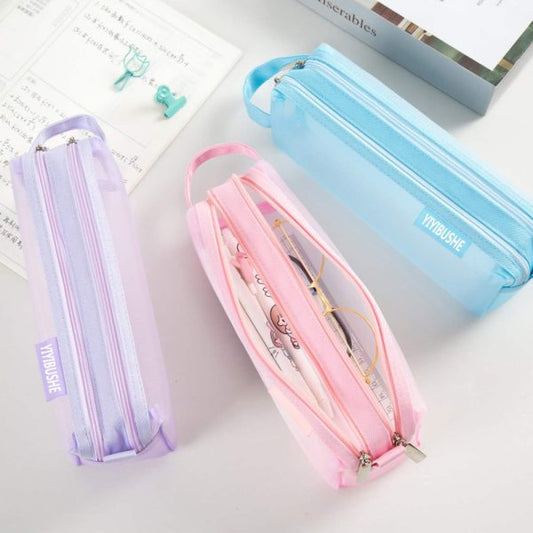 Double Zipper Mesh Pen Case Clear Trial Pencil