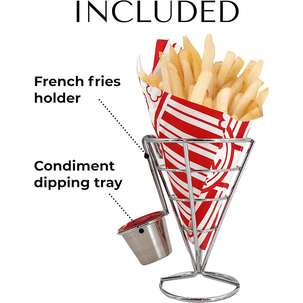 Stainless Steel French Fries Stand Cone Basket with Dip Dishes