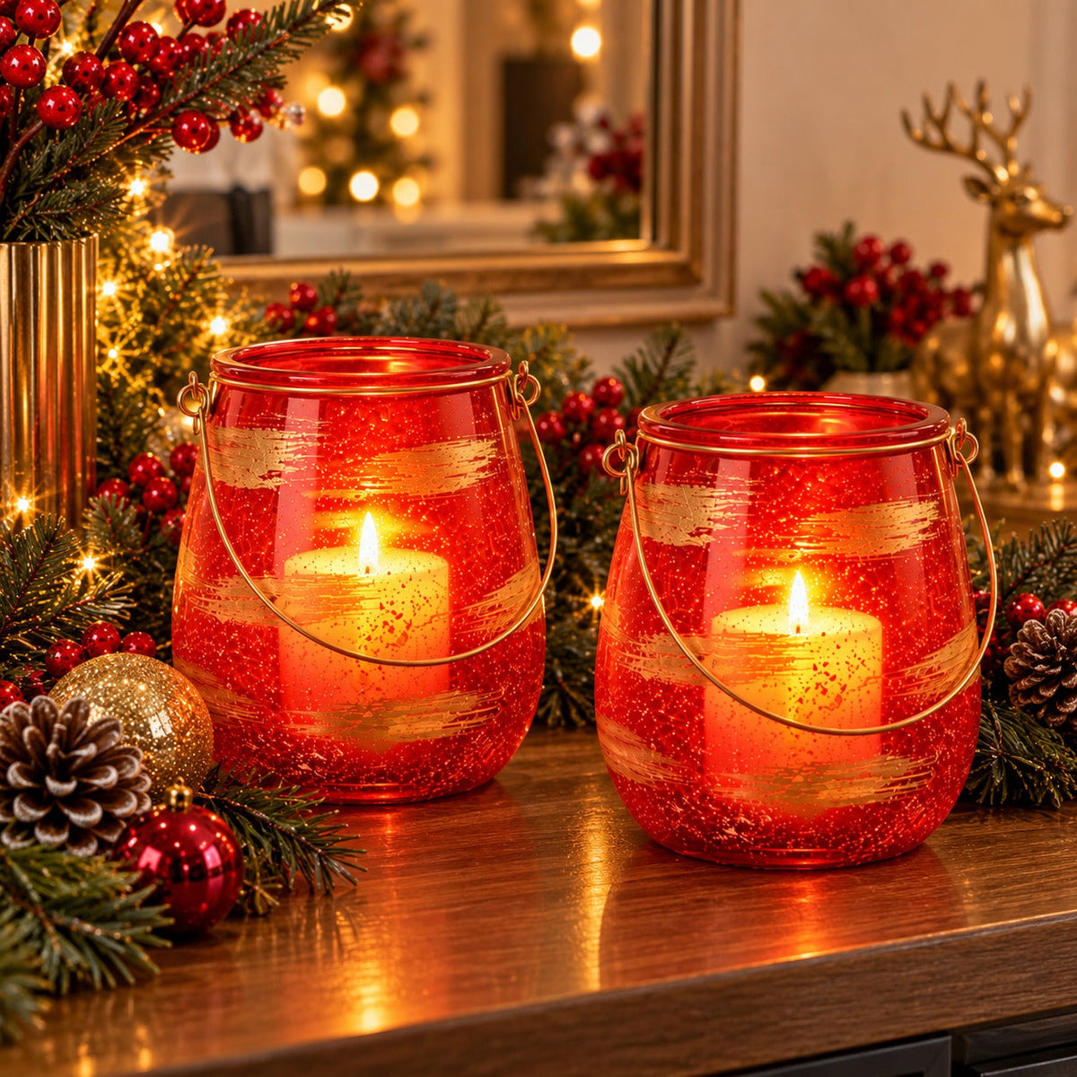 Mica Decorations Red & Gold Glass Lantern with Handle – 21 cm