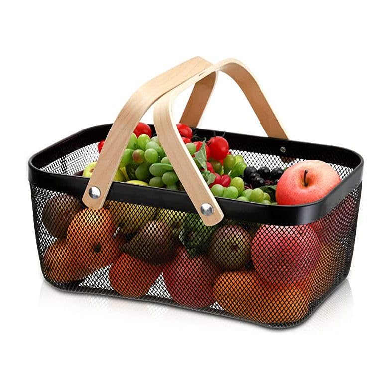 Plastic Mesh Basket Storage with Wooden Handle