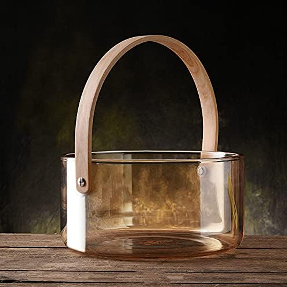 Snacks Glass Fruit Storage Basket with Wooden Handle-Amber Color