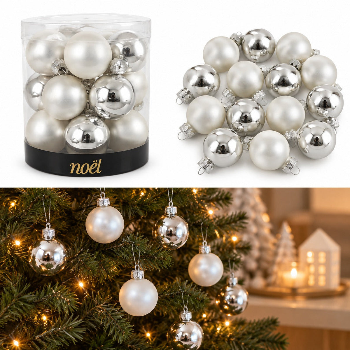 Noël Mini Christmas Baubles – Set of 15 – Silver & Pearl