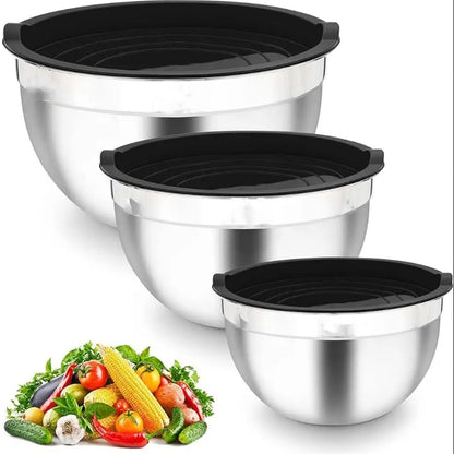 3-Pieces Stainless Steel Salad Bowl with Lid 18/22/26 cm Set