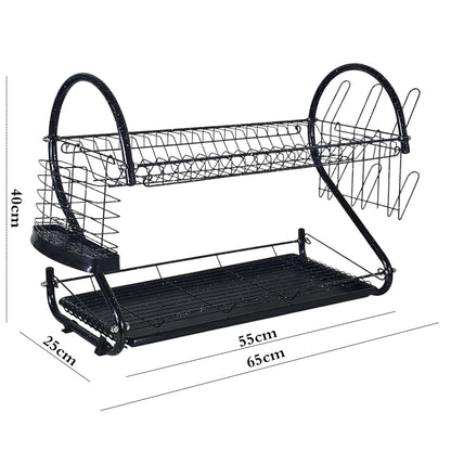 2-Tier Dish Drainer Rack with Cup Stand & Utensil Holder 55cm – ( Black Granite color )