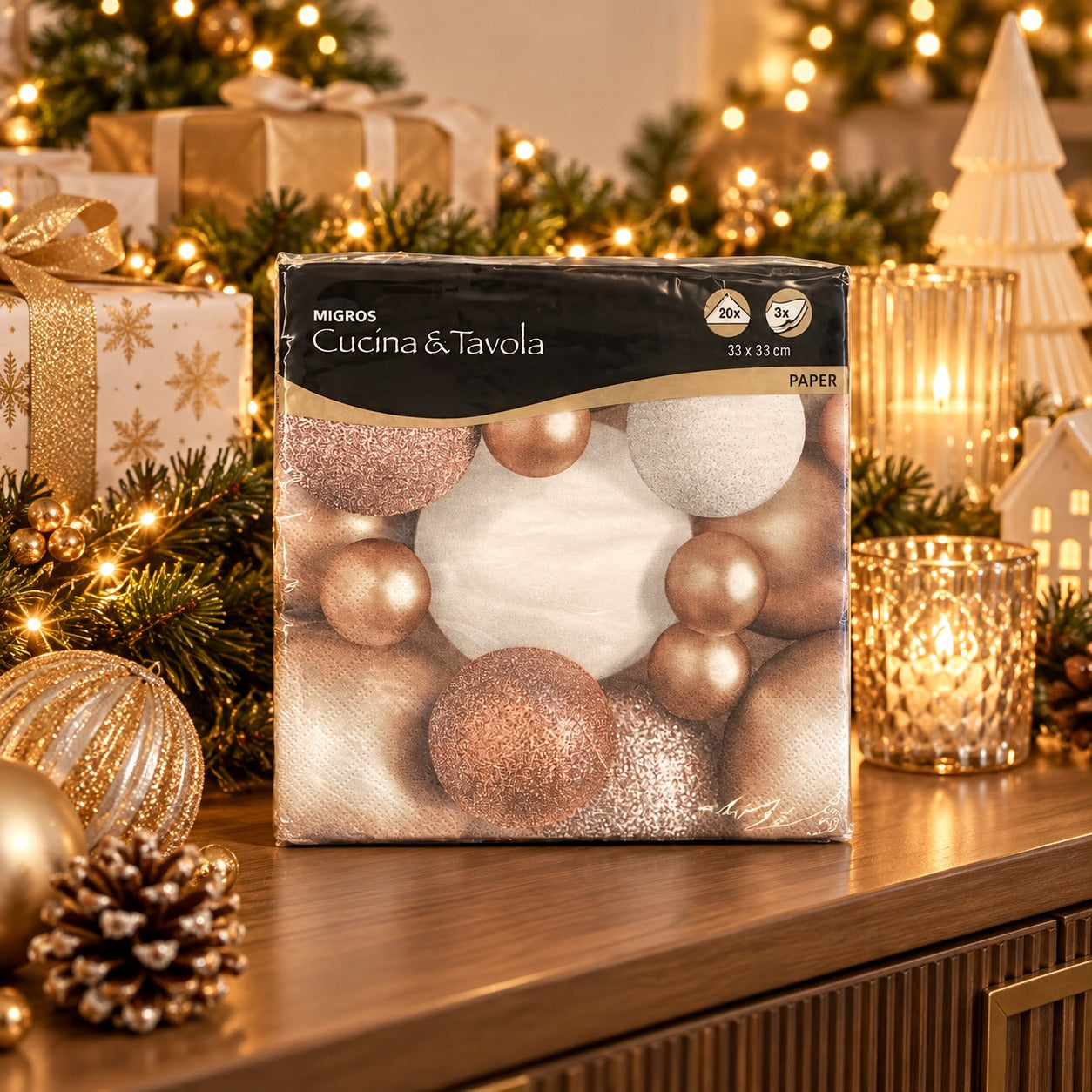 Cucina & Tavola Festive Bauble Christmas Paper Napkins – 20 Pack, 33 × 33 cm