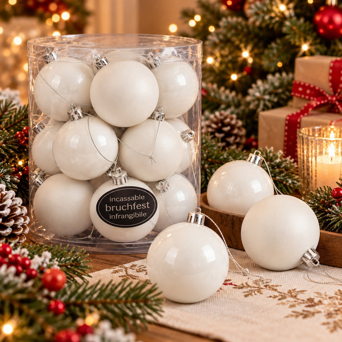 BASIC White Christmas Baubles – Set of 12