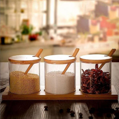 3-Pieces Set Storage Jar With Wood Lid & Tray