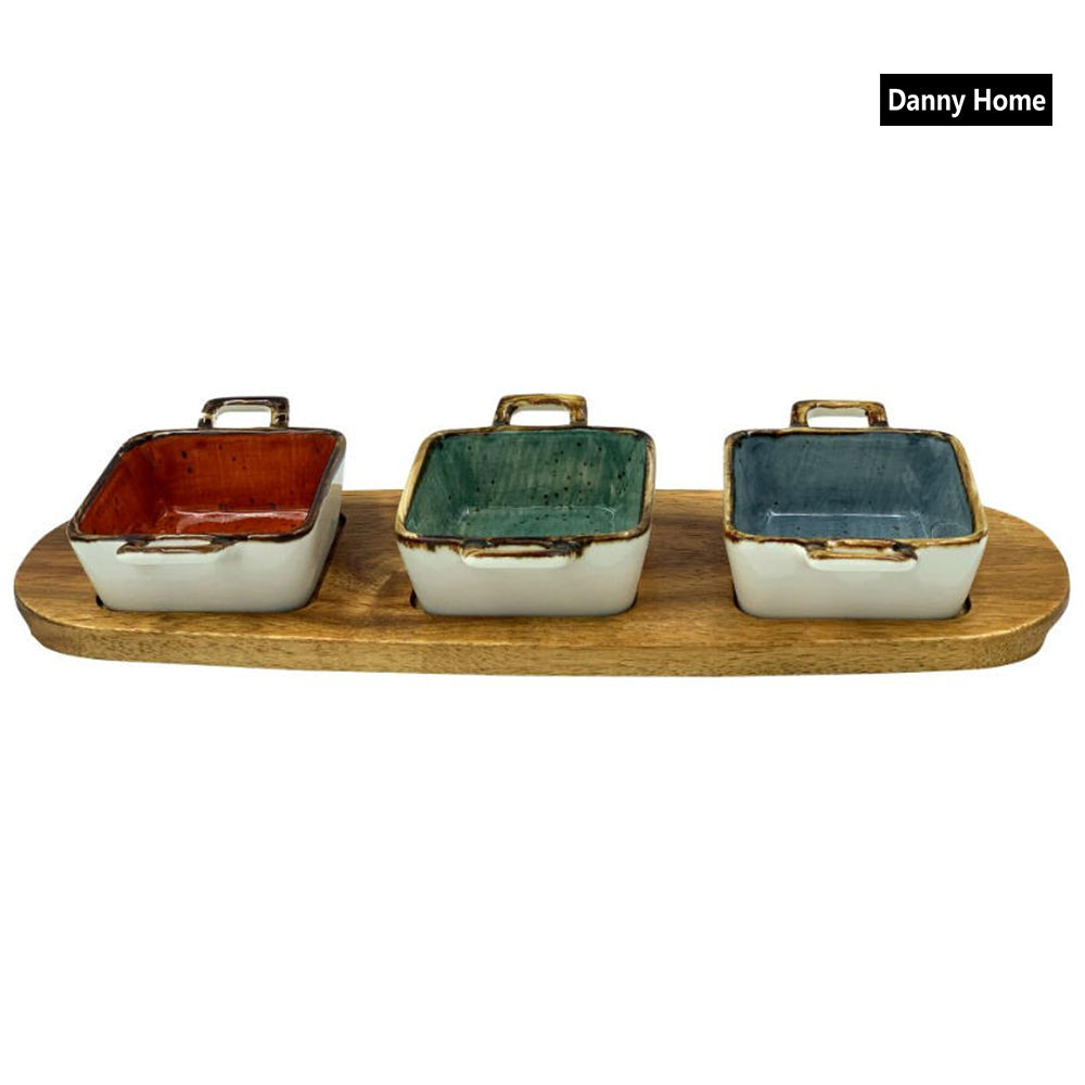 Danny Home Acacia Wood Board With 3-Pcs Sauce Bowls