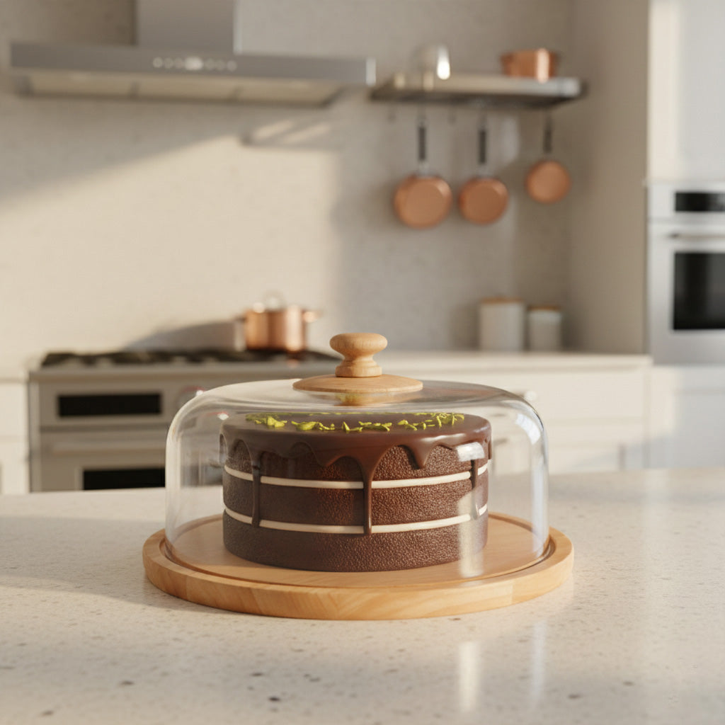 Premium 34-cm Round Wooden Base Cake Stand with Dome Clear Acrylic Cover