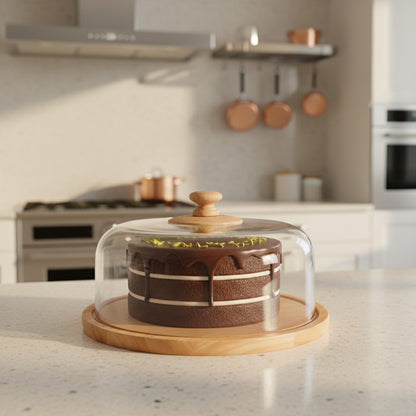 Premium 34-cm Round Wooden Base Cake Stand with Dome Clear Acrylic Cover