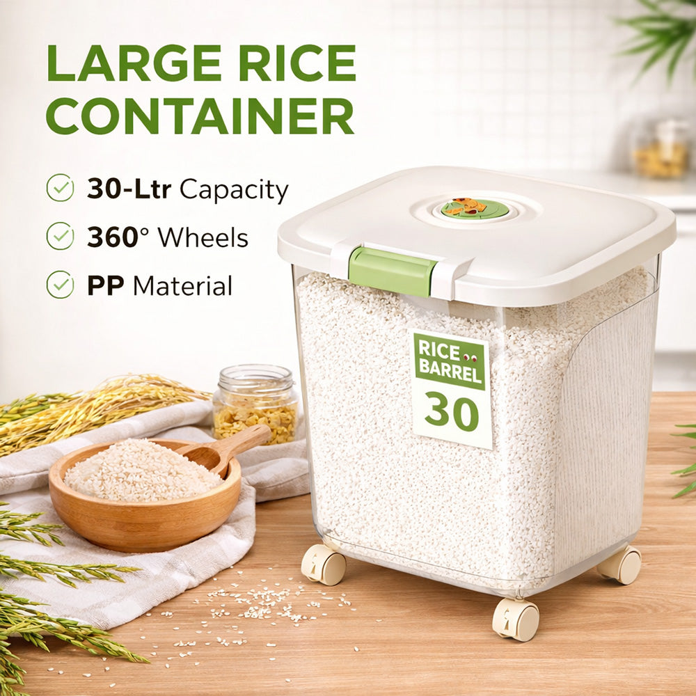 Leak-Proof Rice Storage Container – 30L Airtight PP Bin with Wheels