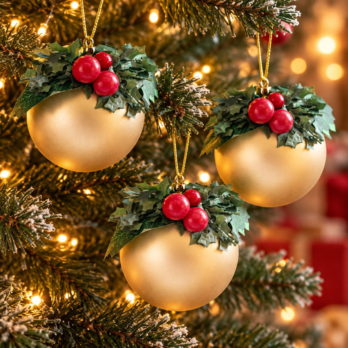 Migros Traditional Gold Holly Christmas Baubles – Set of 3