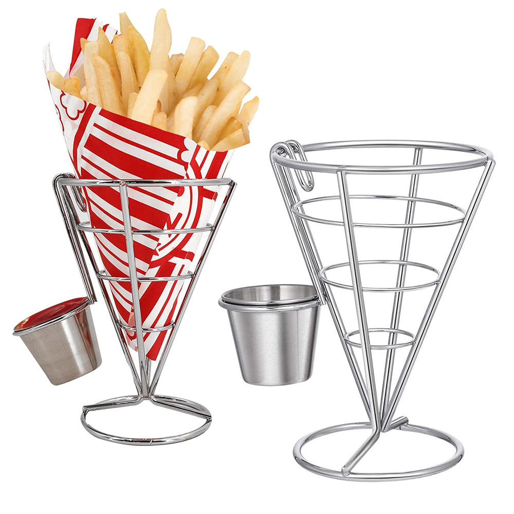 Stainless Steel French Fries Stand Cone Basket with Dip Dishes