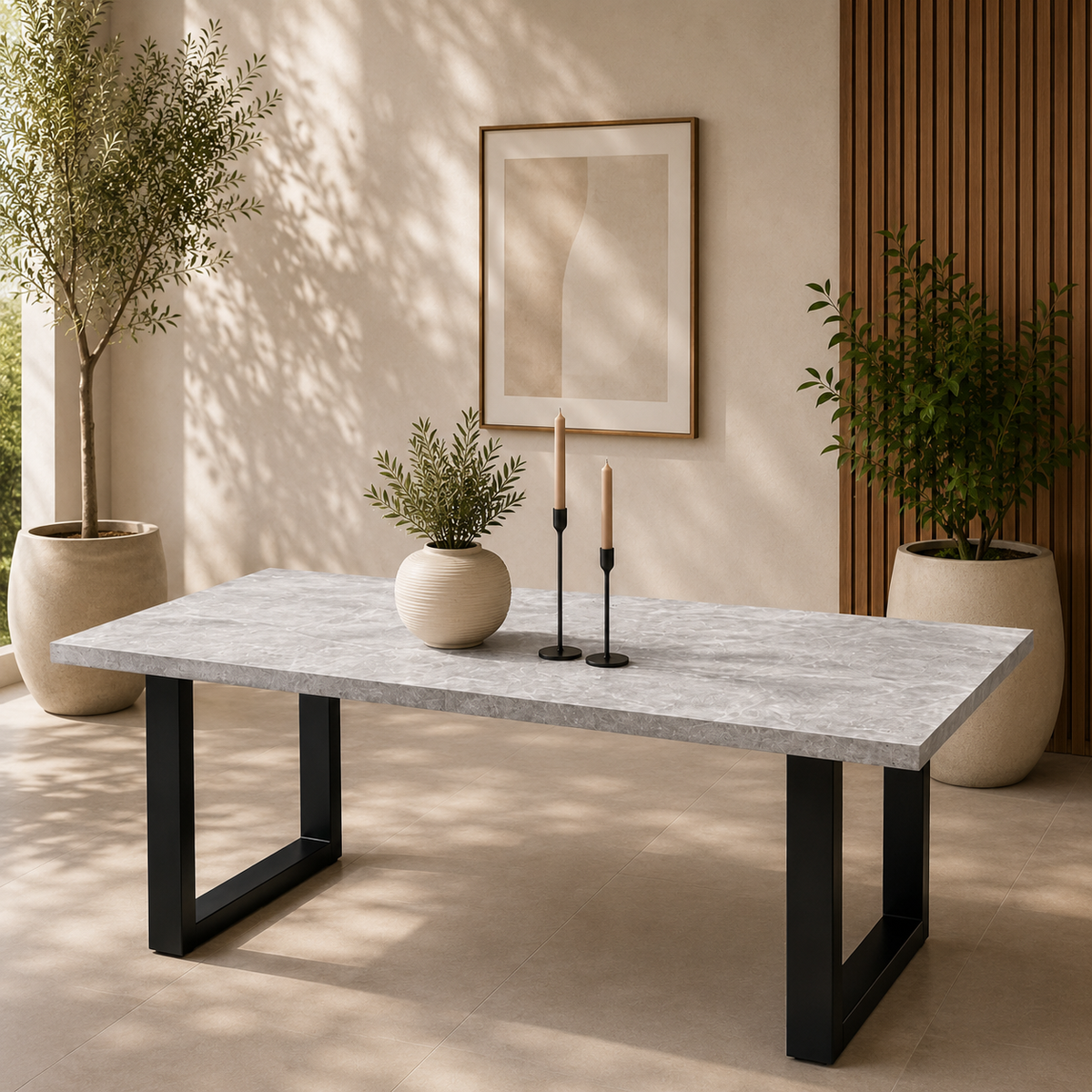 U-Gestell MDF Scratch-Resistant Concrete Grey Dining Table with Metal Legs
