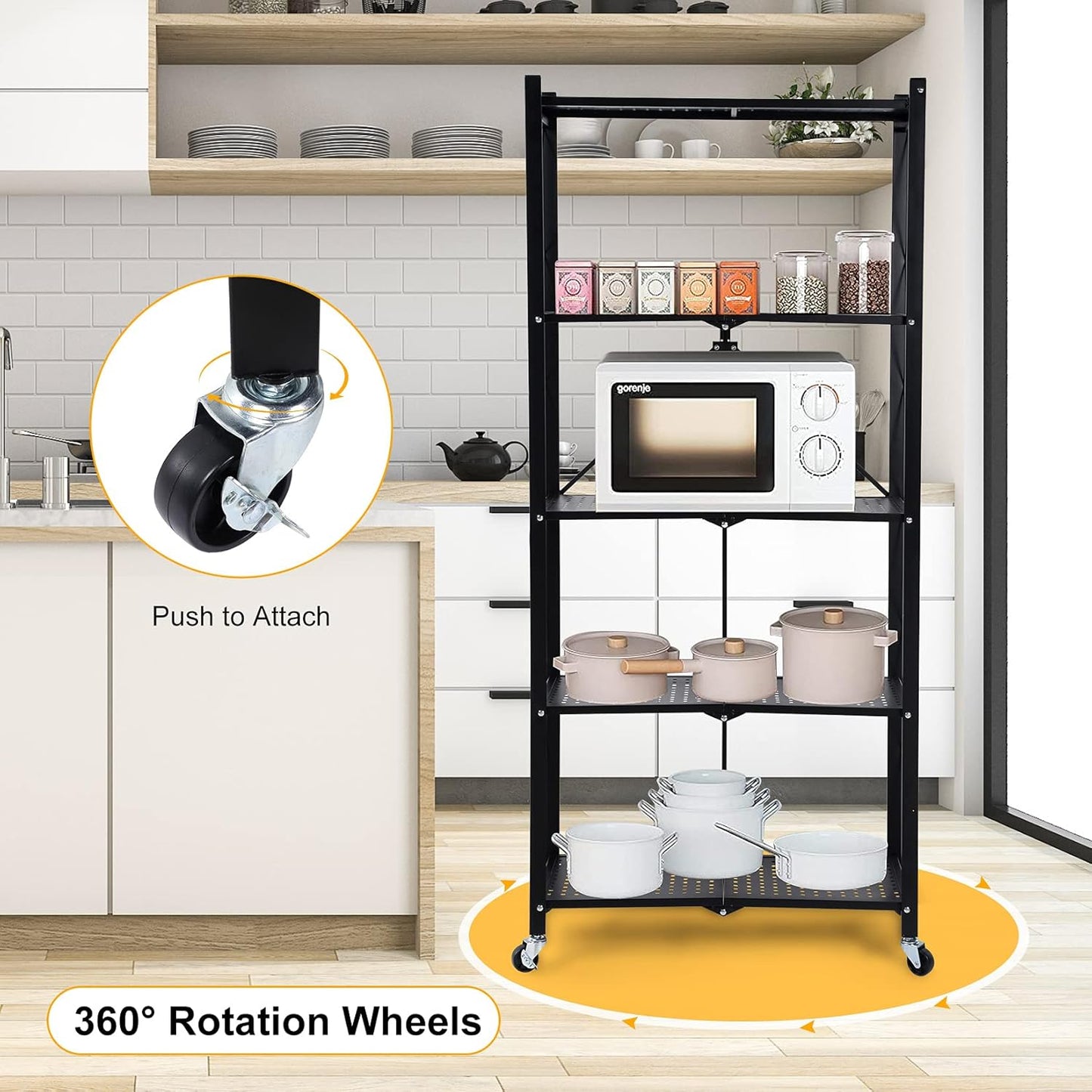 5-Tier Heavy Duty Foldable Storage Shelves With Wheels for Garage Kitchen, Basement & Pantry (W72 x D36 x H163)cm – Black