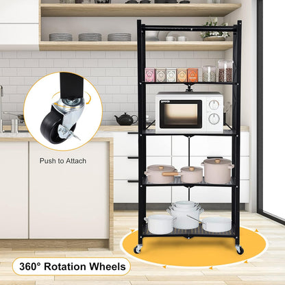 5-Tier Heavy Duty Foldable Storage Shelves With Wheels for Garage Kitchen, Basement & Pantry (W72 x D36 x H163)cm – Black