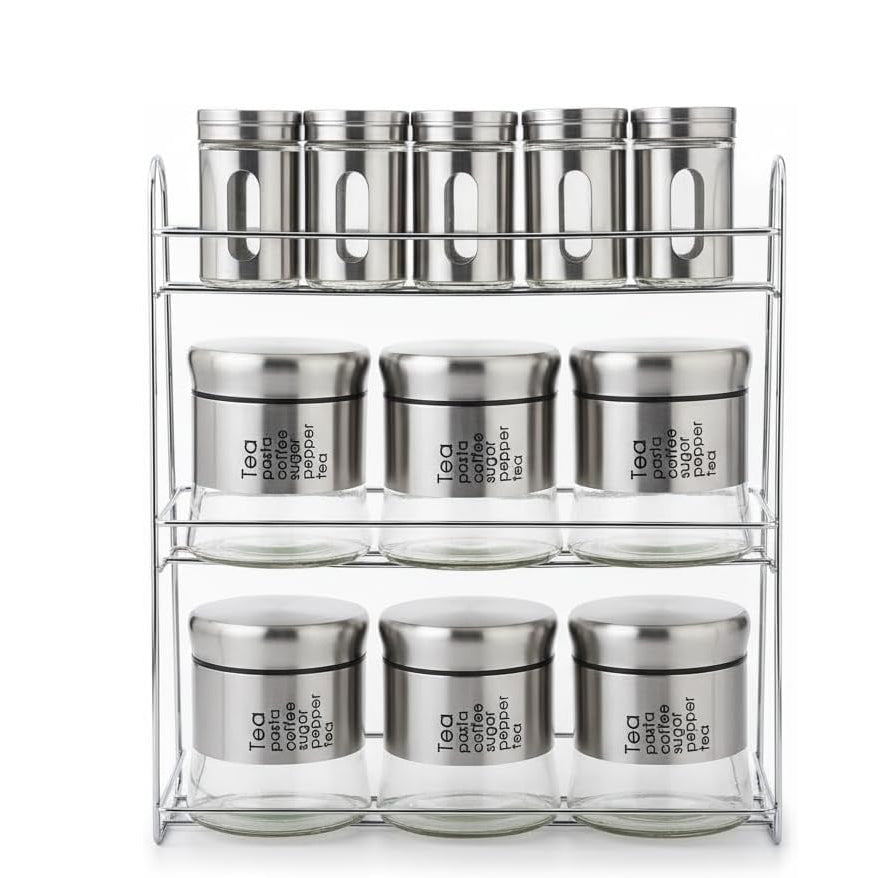 11-Pcs Stainless Steel Glass Seasoning & Spices Rack Set – 100/400ml #CB-TWJ14